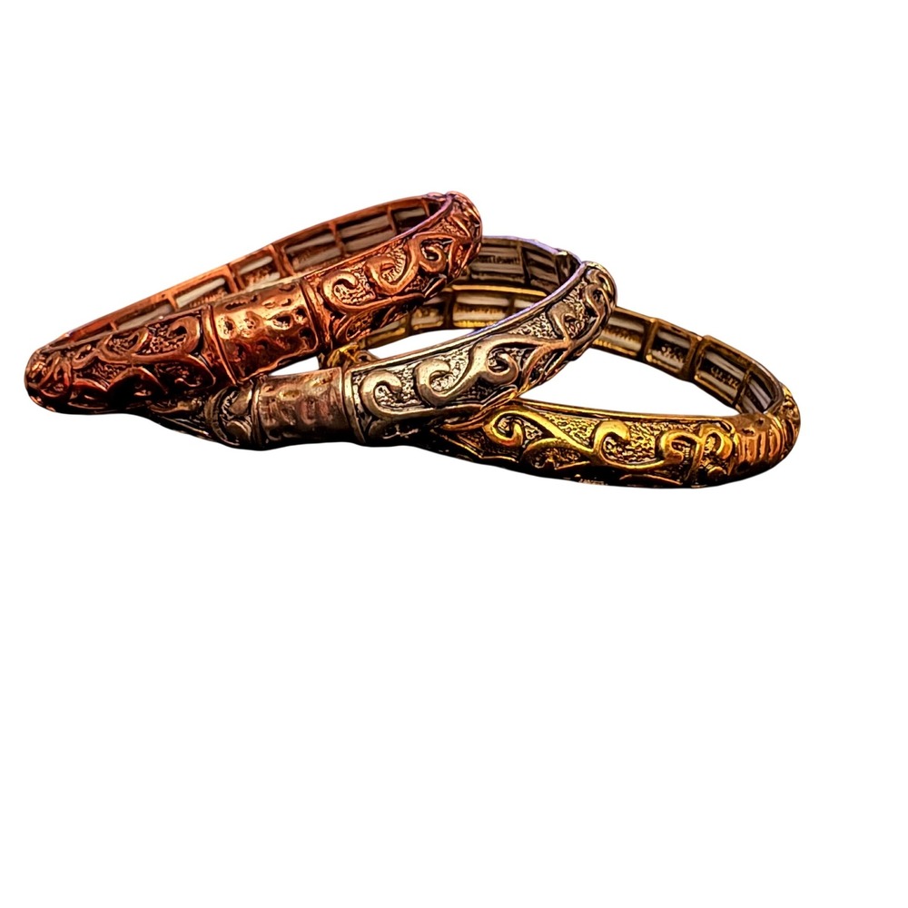 Ornate Copper, Silver, and Gold-Tone stretch bracelet set of 3 Stackable